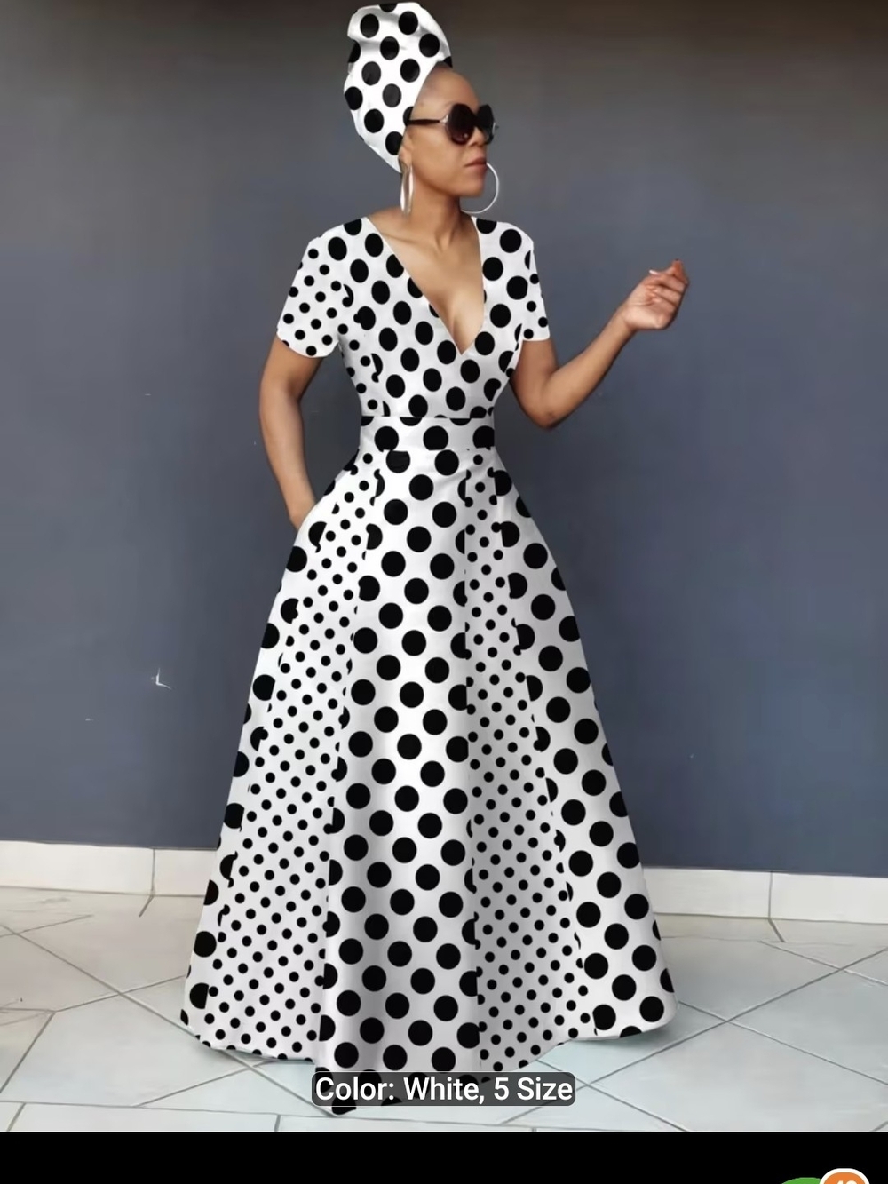 Polka Dot V-Neck Maxi Dress with Headwrap - White & Black